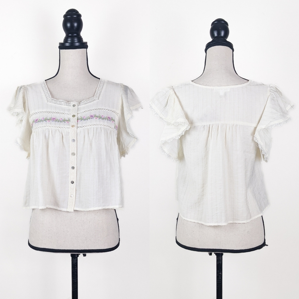 NWT Blu Pepper Embroidered Cream Blouse, Size Large - Picture 2 of 6